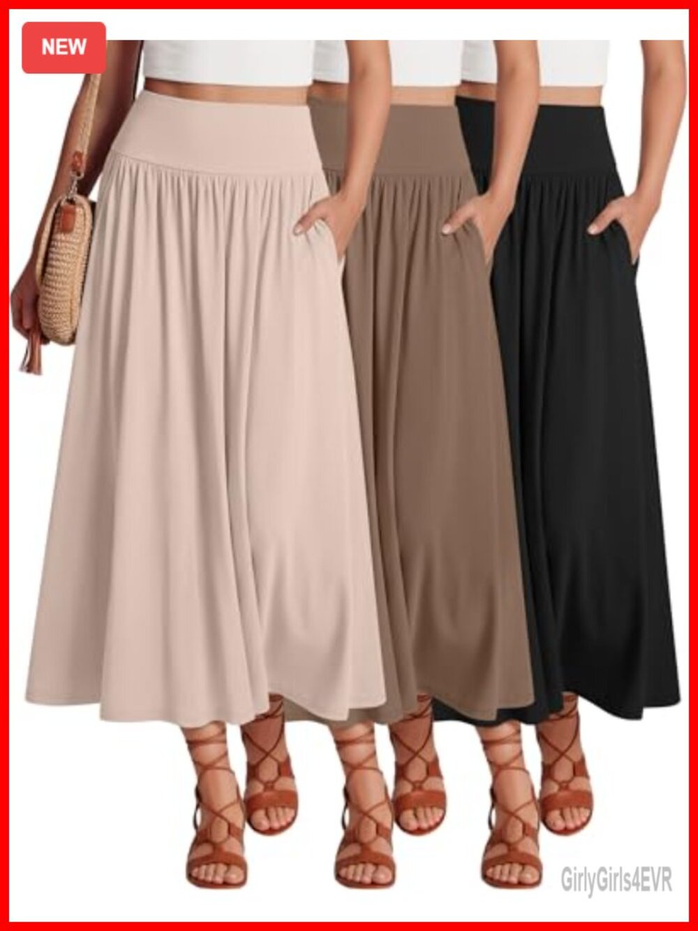 3 Pack Maxi Long Skirts for Women - A-Line Pleated Ankle Length with Pockets